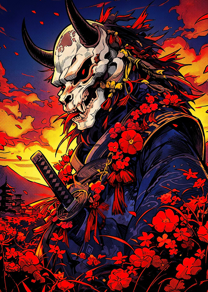 Oni Samurai Mask Warrior Illustration