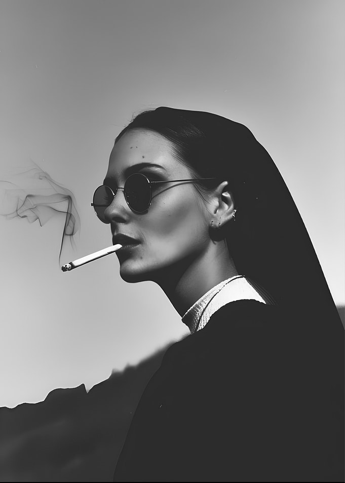 Stylish Nun Smoking Cigarette Portrait
