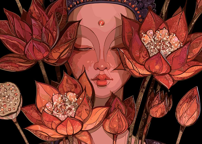 Serene Buddha with Red Lotus Flowers