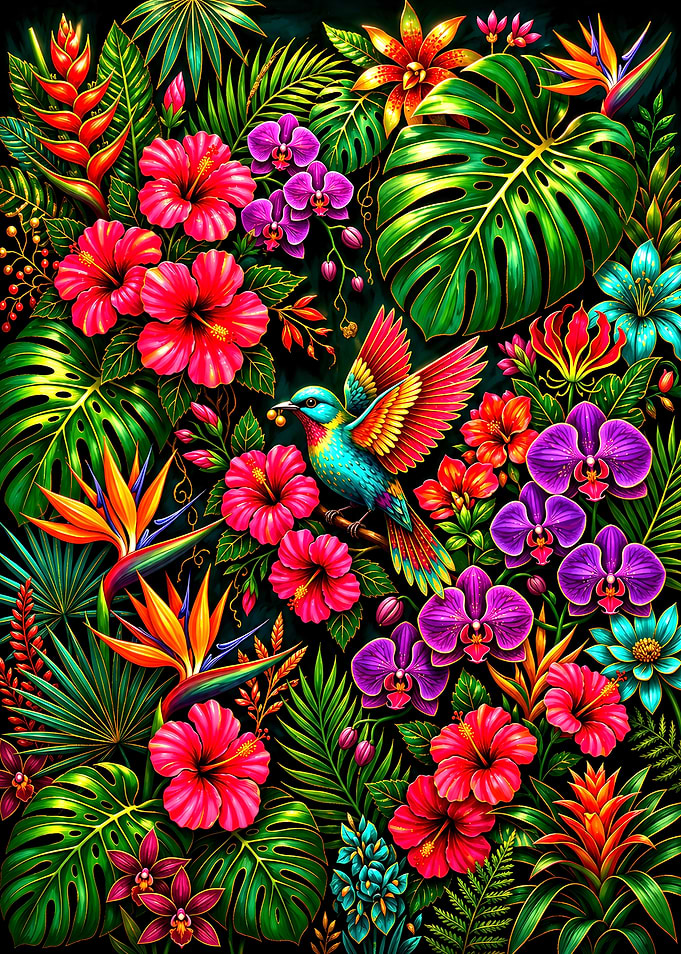 Vibrant Tropical Hummingbird and Floral Garden