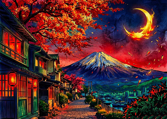 Mount Fuji Under Fiery Crescent Moon