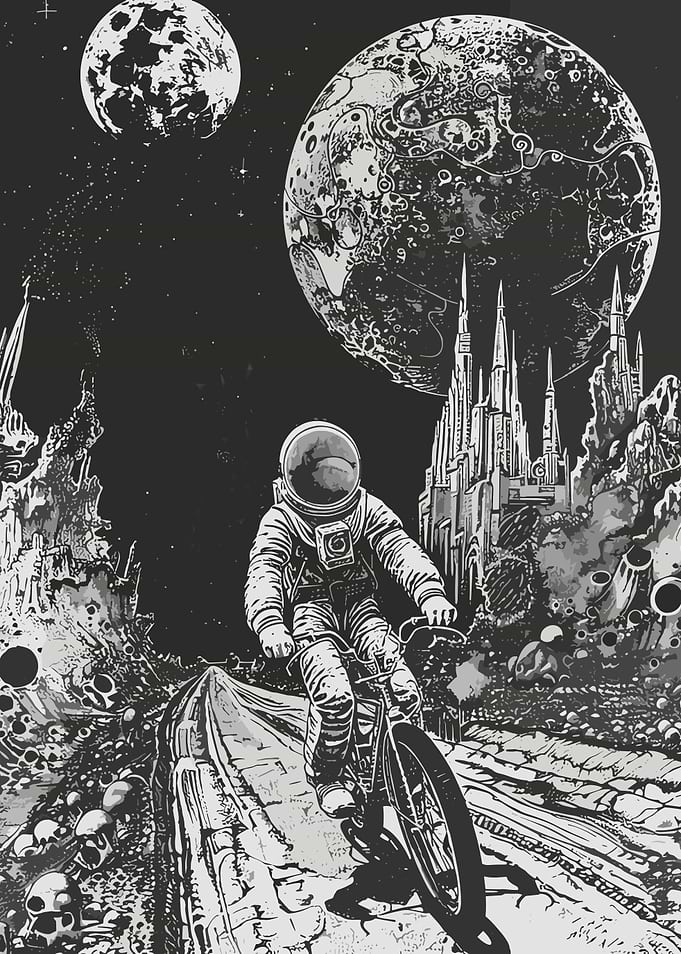 Astronaut Riding Bicycle on Alien Planet