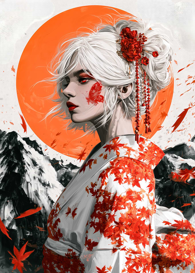 Elegant Woman in Maple Leaf Kimono