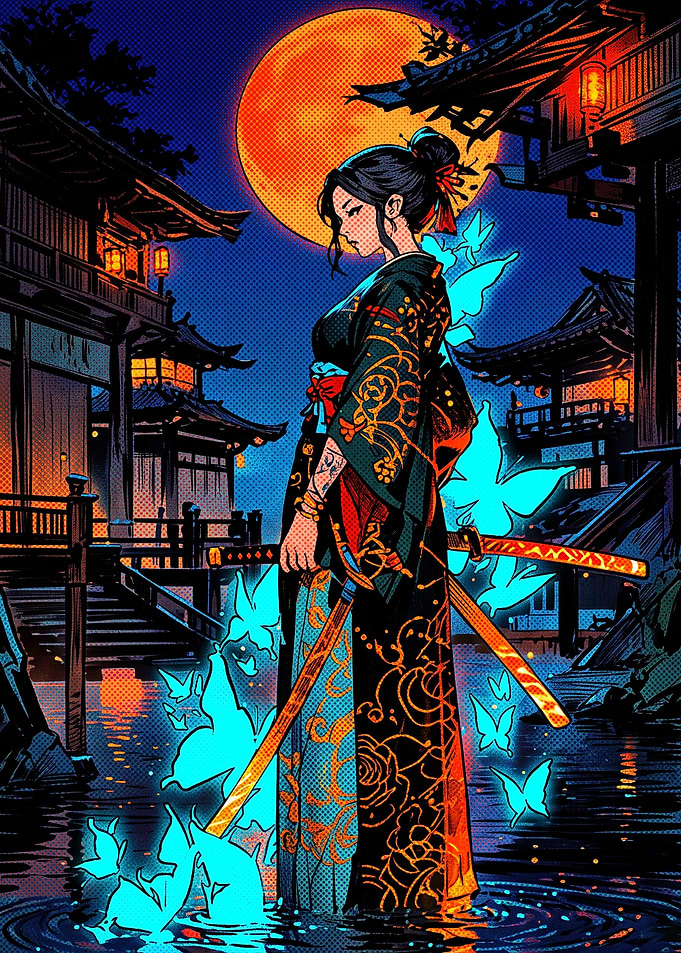 Samurai Woman with Glowing Butterflies
