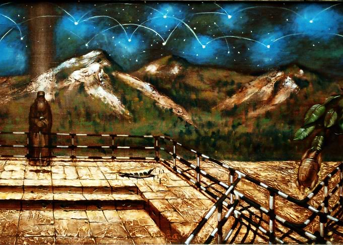Mystical Monk Observing Starry Mountain Night