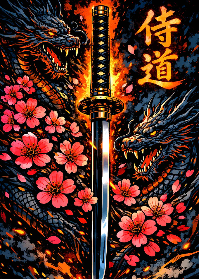 Katana Sword with Dragons and Sakura