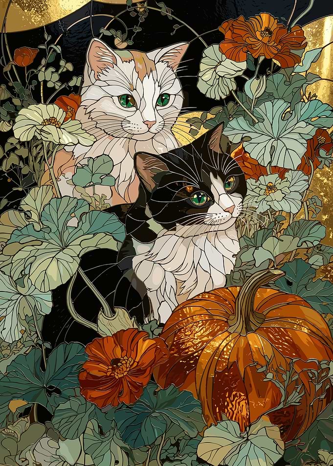 Two Cats in Autumn Garden