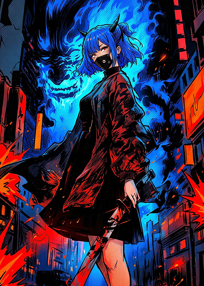 Anime Girl with Katana and Demon