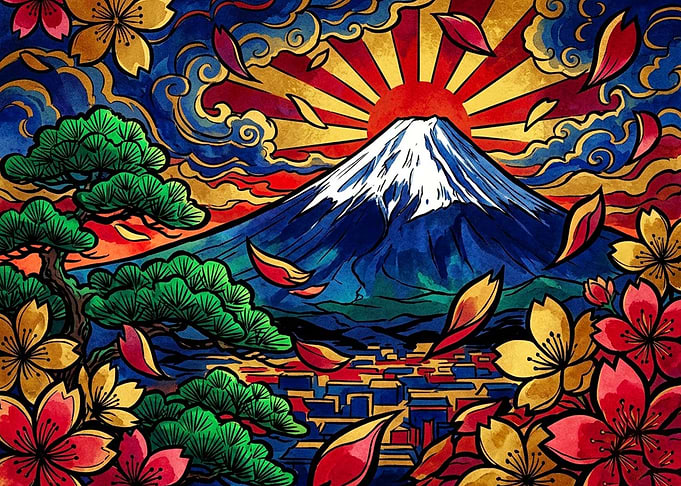 Vibrant Mount Fuji Cherry Blossom Art