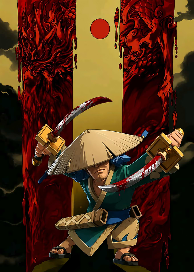 Samurai Warrior with Bloodied Blades