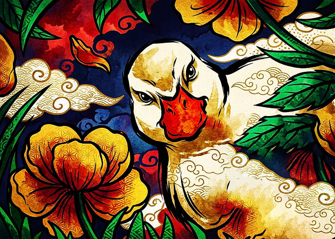 Stylized Goose in Floral Garden
