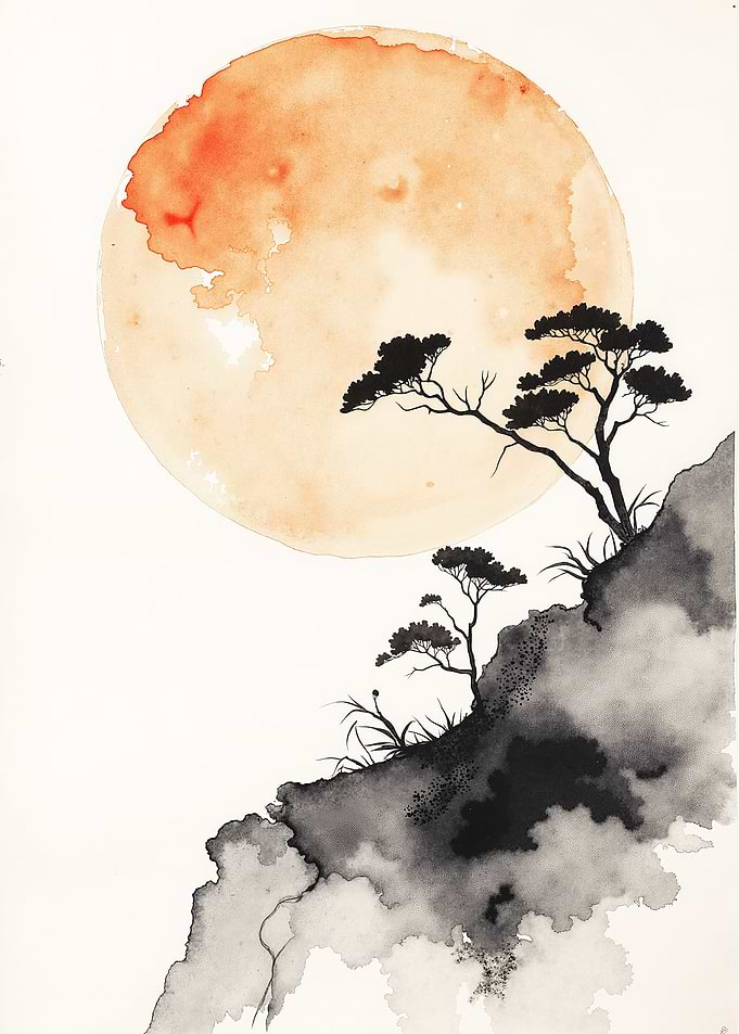 Watercolor Ink Wash Landscape with Moon