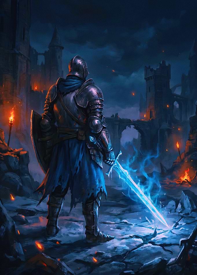Knight with Glowing Blue Sword