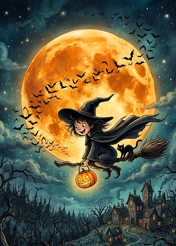 Little Witch Flying on Broomstick