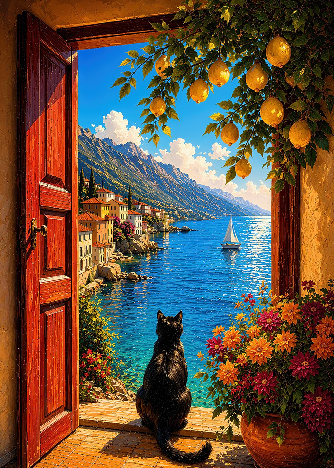 Black Cat Overlooking Mediterranean Coast
