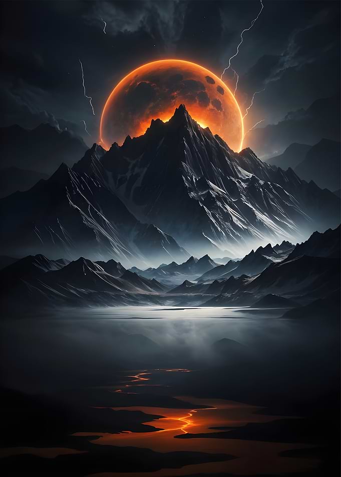 Fiery Moon Over Dark Mountains