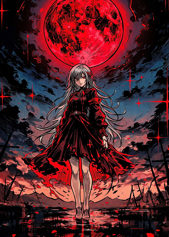 Anime Girl Under Red Moon