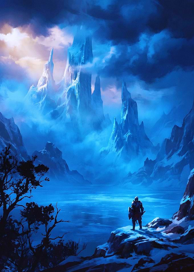 Knight Standing Before Frozen Mountains