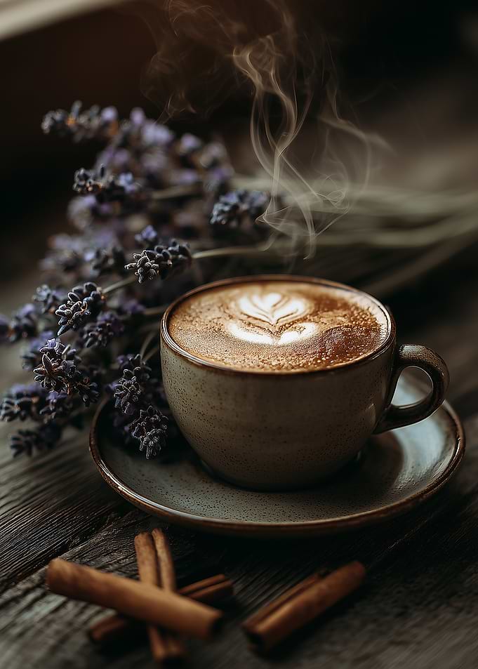 Steaming Lavender Latte with Cinnamon