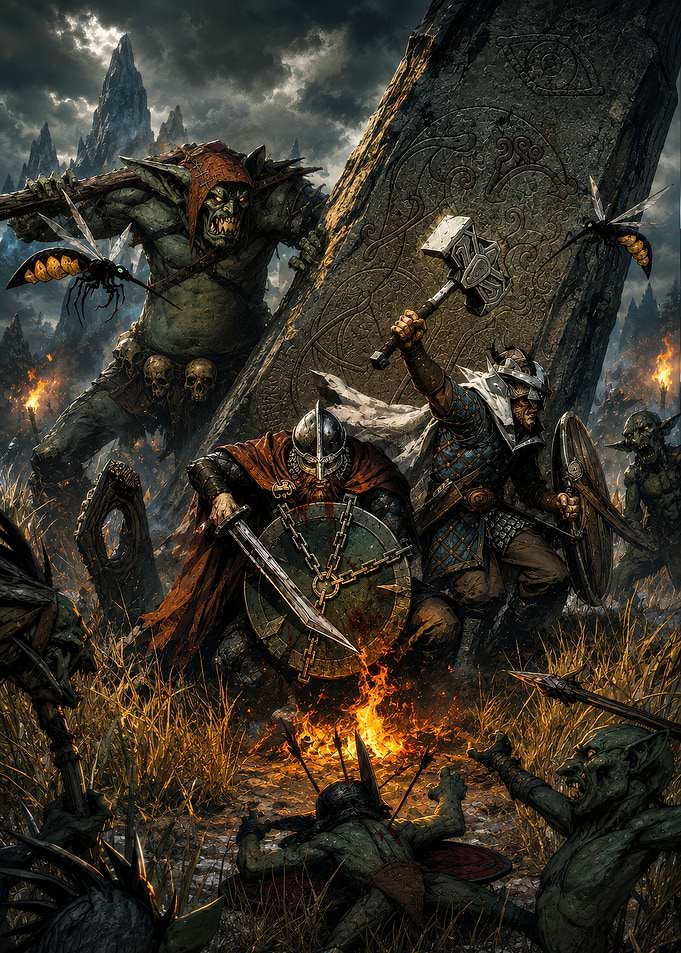 Viking Warriors Battling Goblins