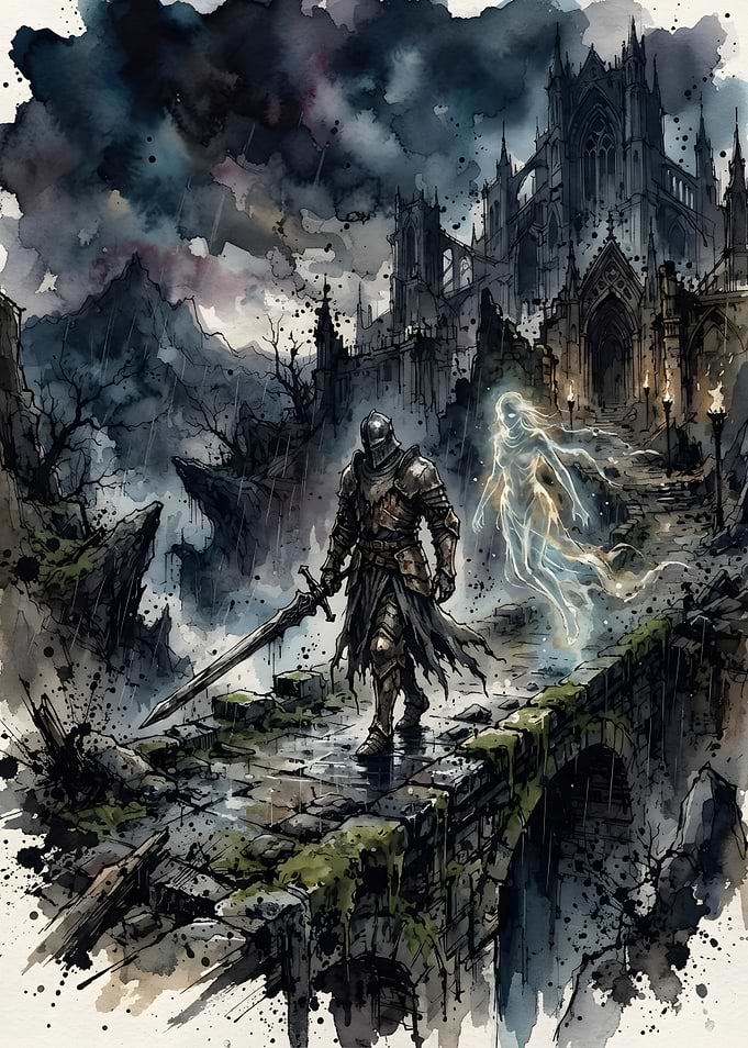 Knight and Spirit on Stone Bridge