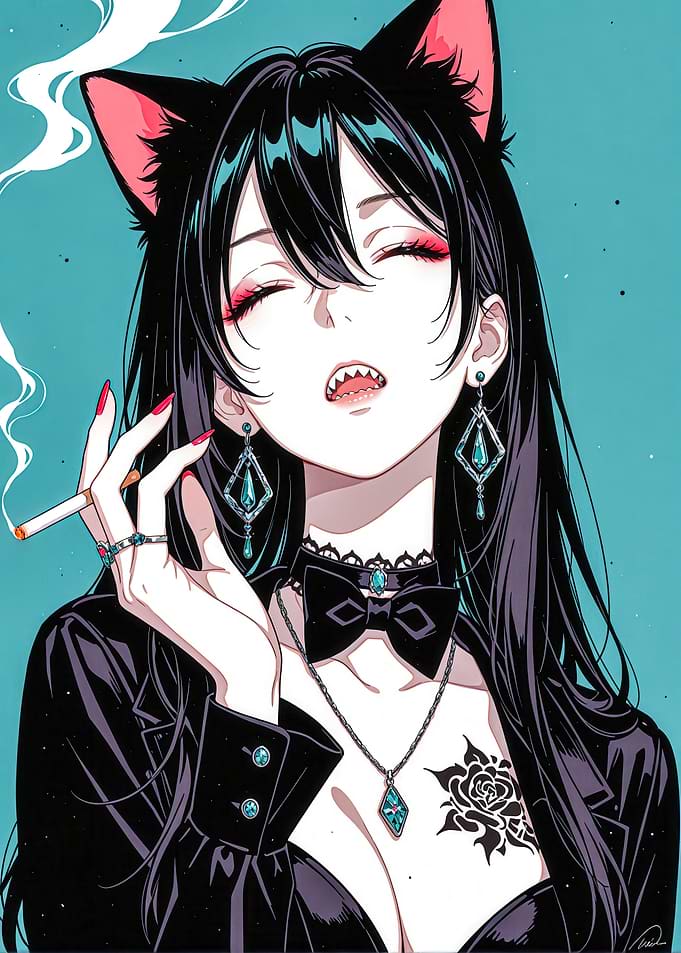 Stylish Cat-Eared Anime Girl Smoking