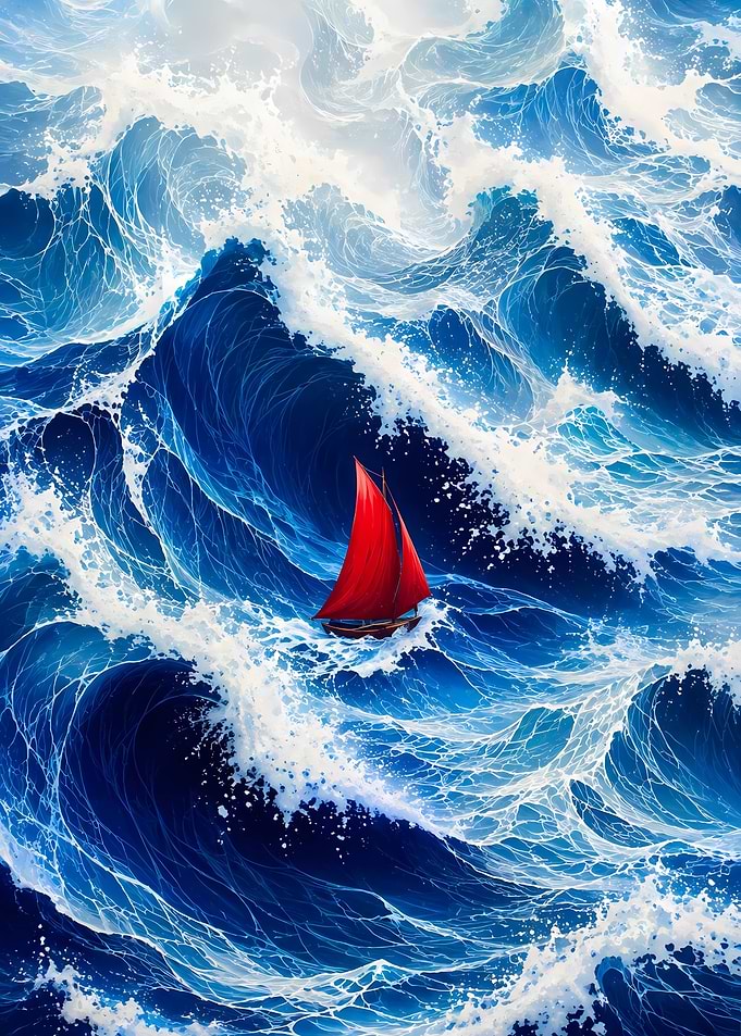 Red Sailboat in Turbulent Ocean