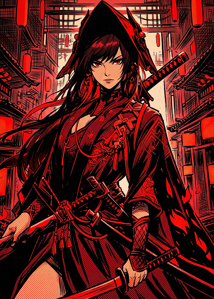 Red Samurai Warrior Anime Illustration