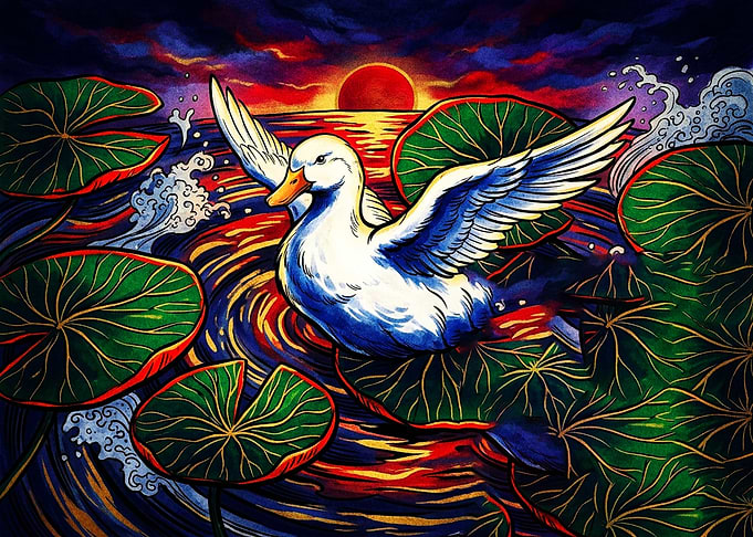 White Duck on Lily Pad Pond