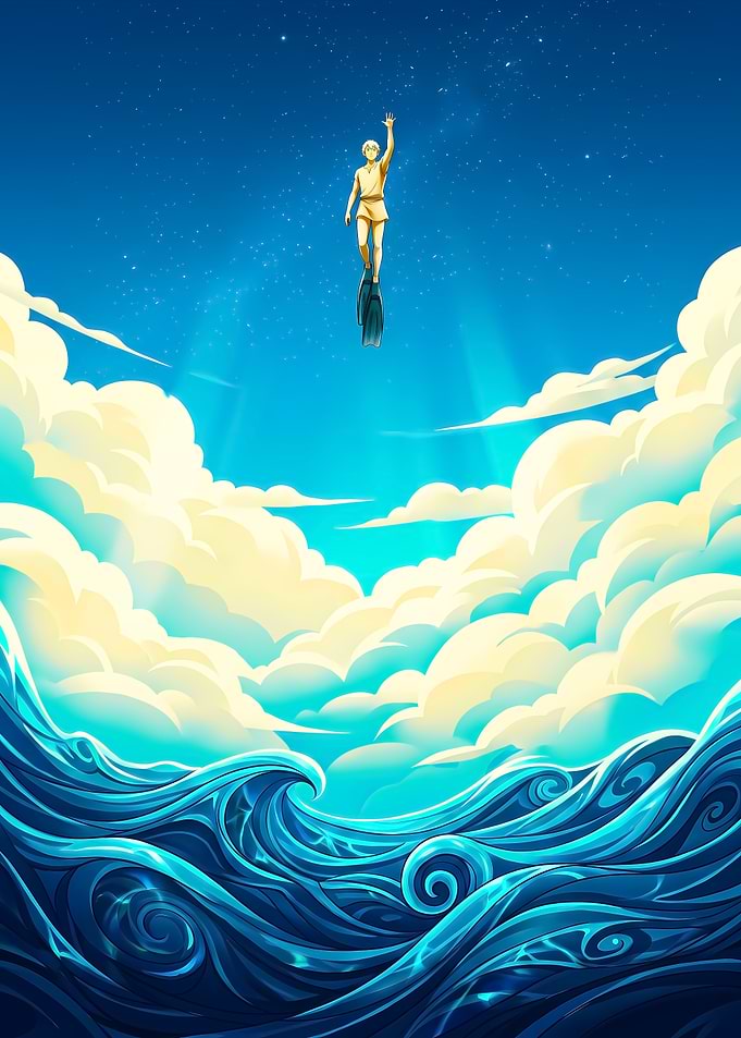 Boy Flying Above Ocean Waves