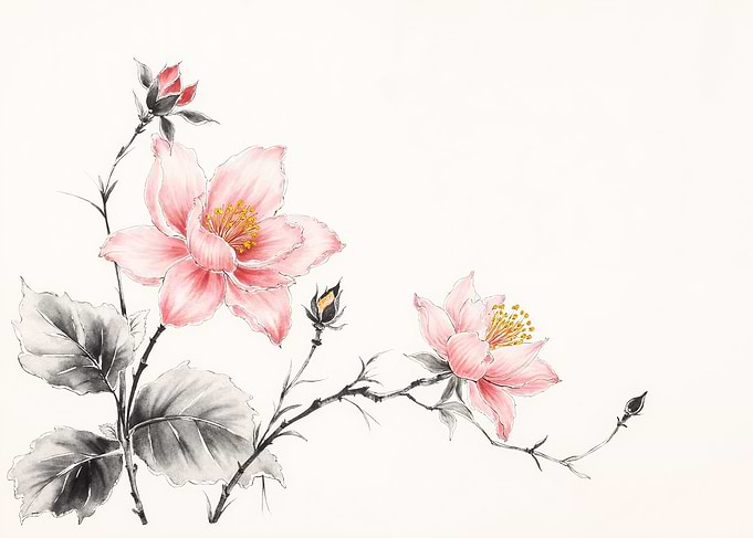 Elegant Pink Floral Ink Wash Painting
