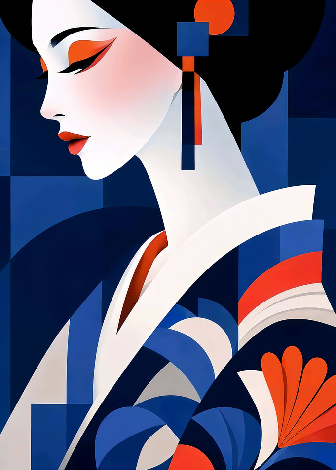 Stylized Geisha Portrait in Blue