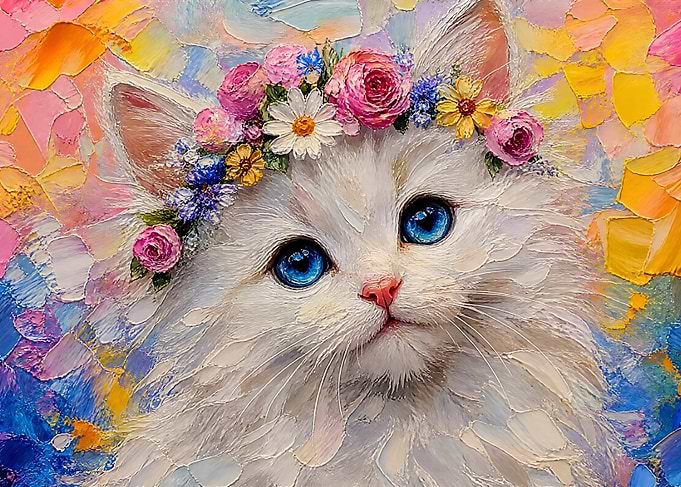 White Kitten with Floral Crown Painting