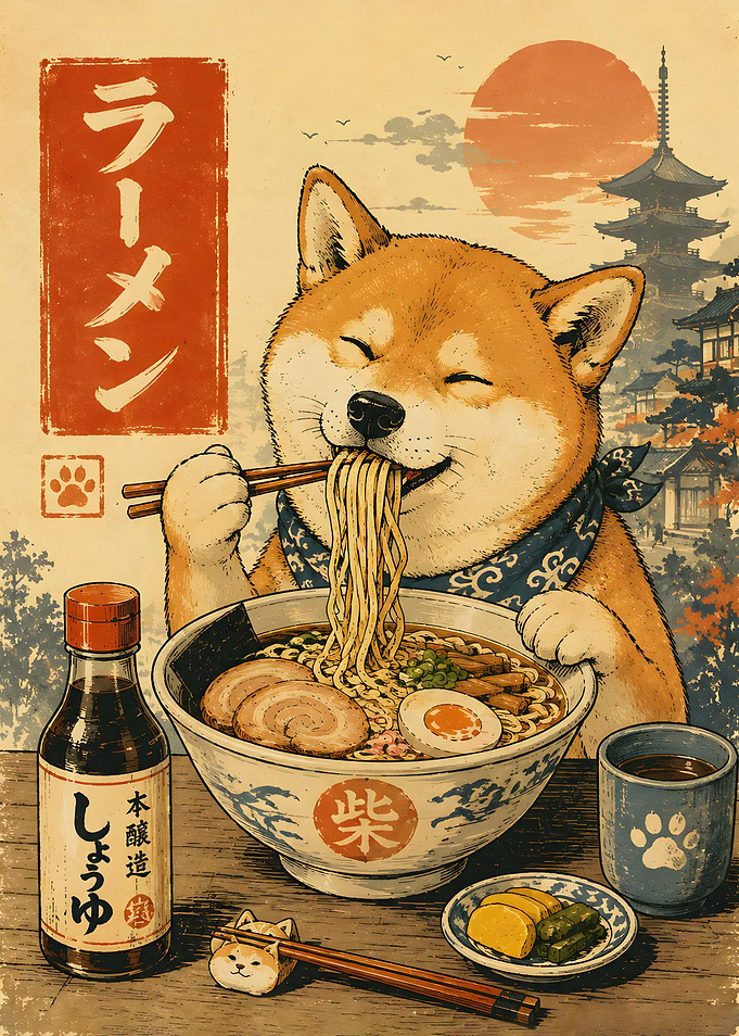 Japanese Shiba Inu Eating Ramen Vintage Style Poster