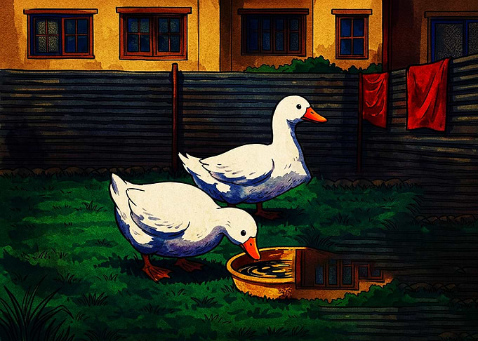 Two Ducks Drinking in a Garden