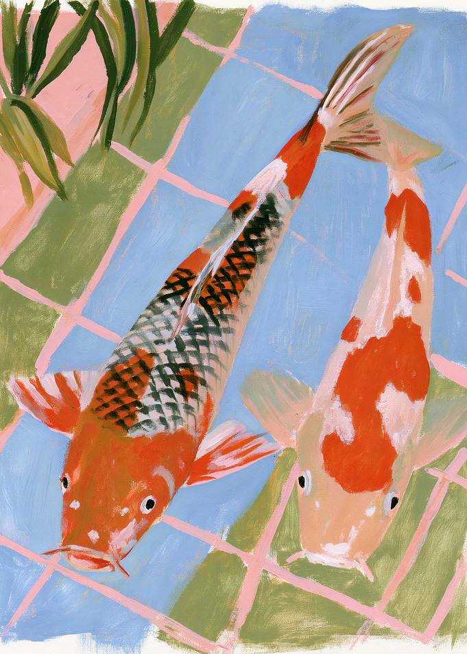 Two Koi Fish in Tiled Pond