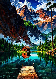 Serene Mountain Lake Cabin Landscape