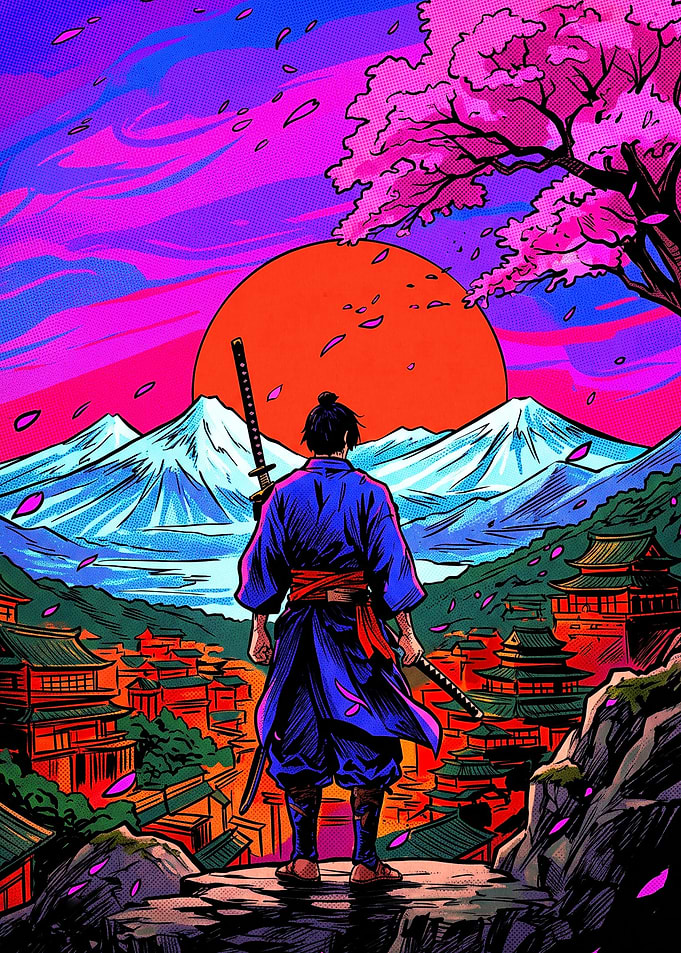Samurai Standing Before Mountain Sunset