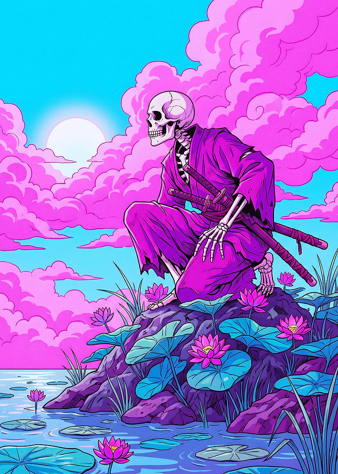 Skeleton Samurai in Lotus Pond