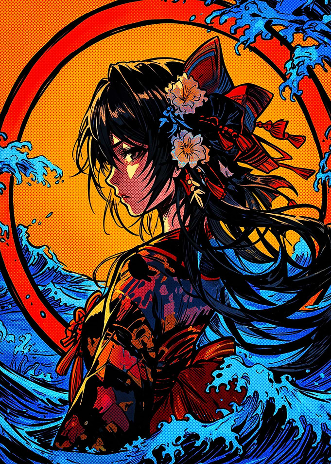 Anime Girl with Traditional Japanese Waves