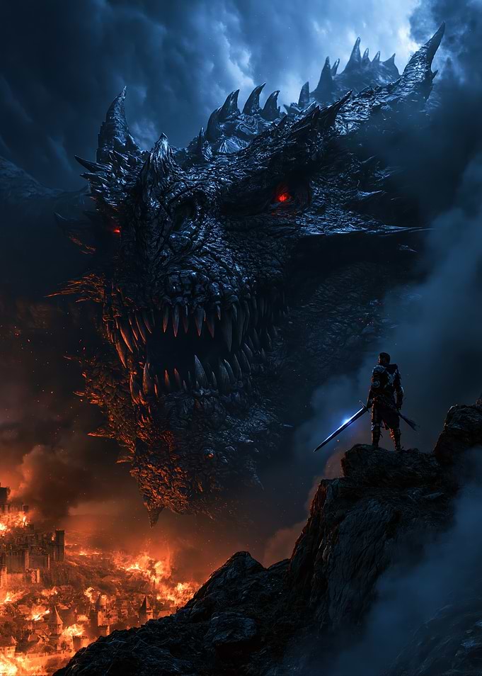 Warrior Facing a Colossal Dragon