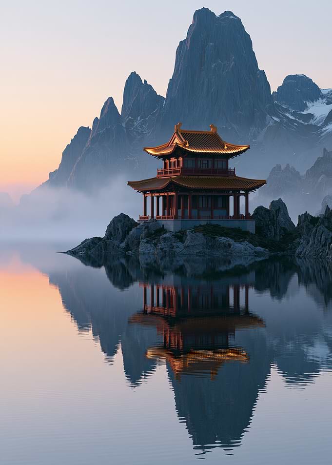 Pagoda on a Misty Mountain Lake