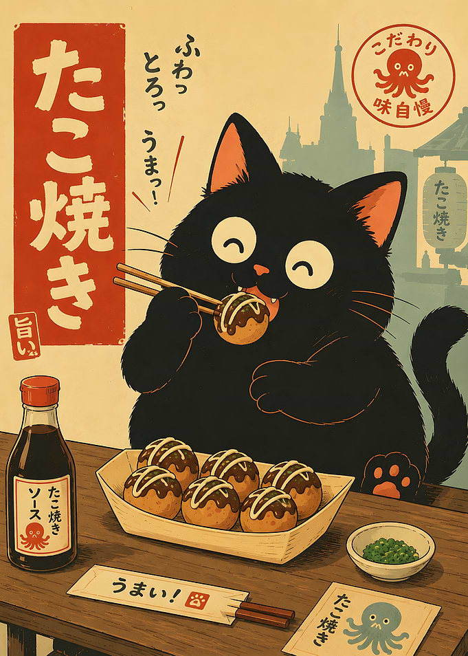 Takoyaki Neko – Cute Japanese Black Cat Vintage Poster
