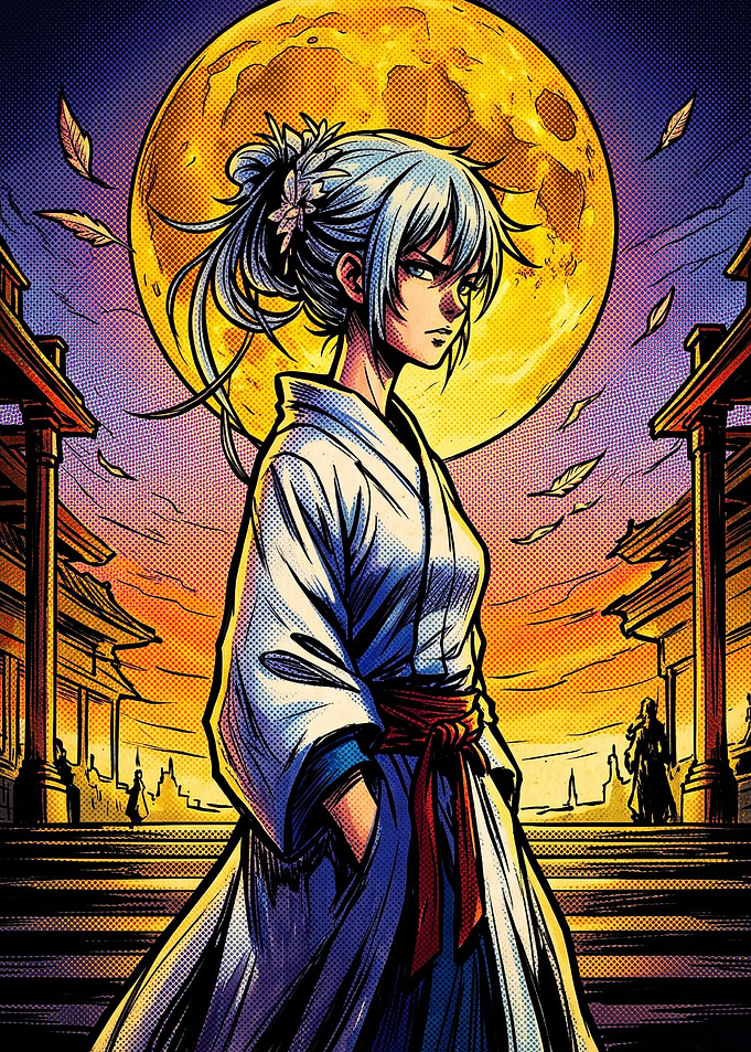 Anime Warrior Under Full Moon