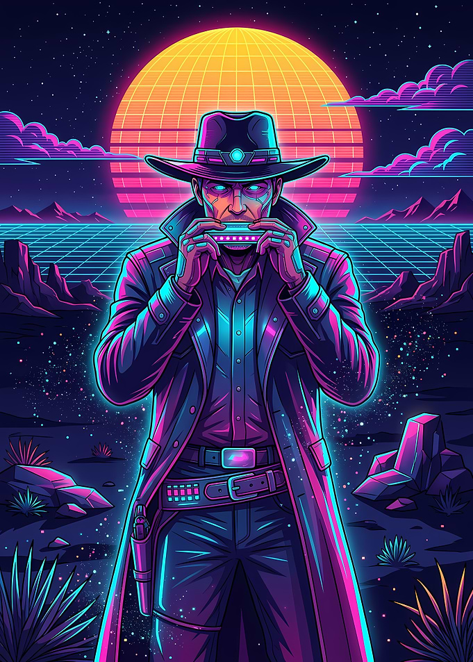 Synthwave Cowboy Playing Harmonica