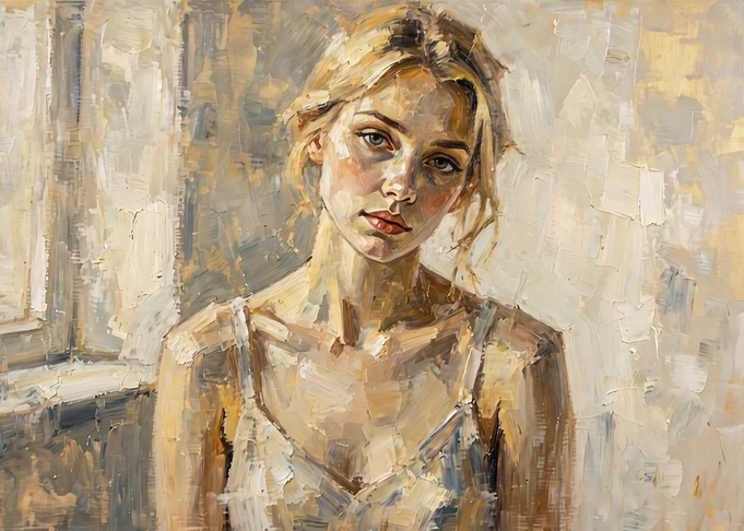 Blonde Woman in Cream Dress - Impressionist Impression Fine Art Oil Painting