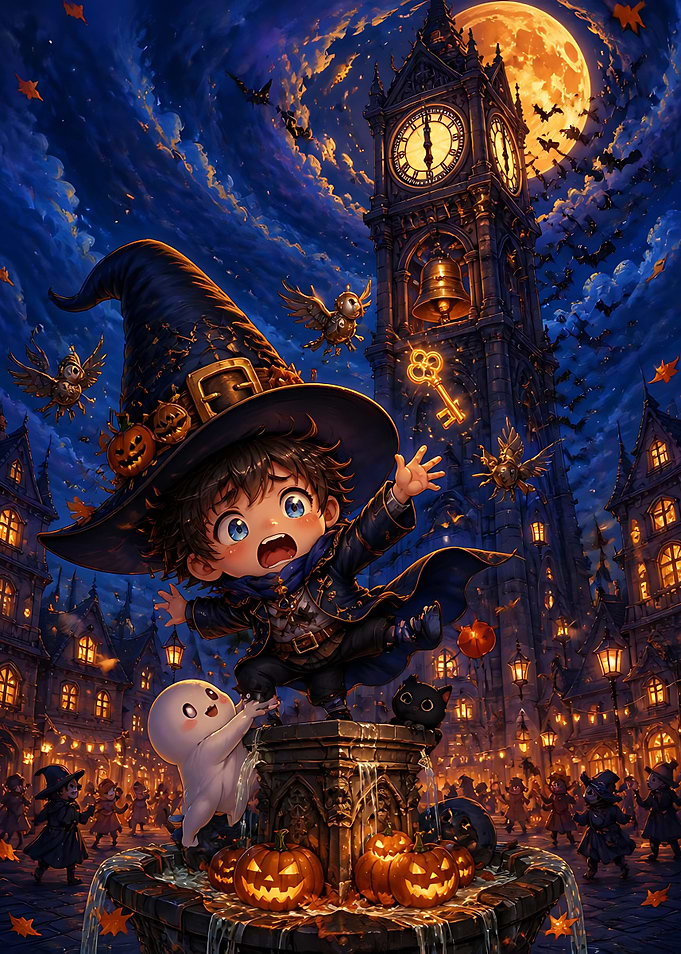 Chibi Wizard Halloween Clock Tower Scene