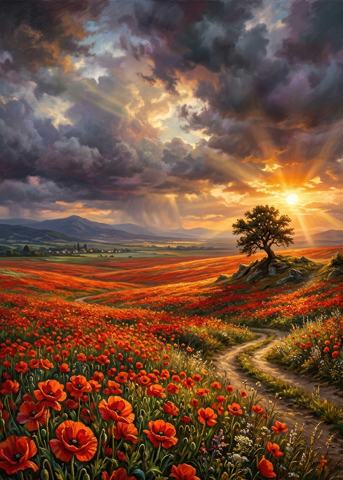 Poppy Field at Sunset Landscape