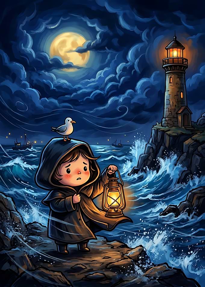 Child with Lantern by Lighthouse