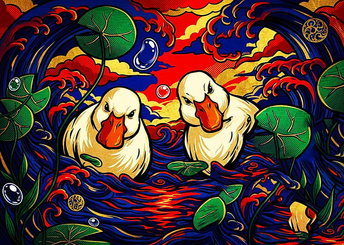 Angry Ducks in Ukiyo-e Style